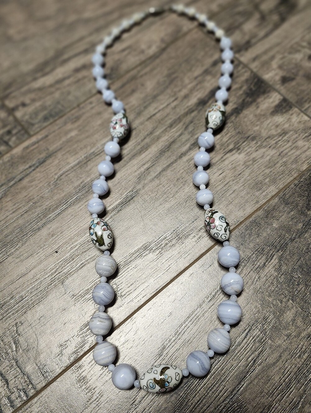 Vintage 70's BLUE LACE AGATE Bead Necklace with Floral CLOISONNÈ Accents 27IN
